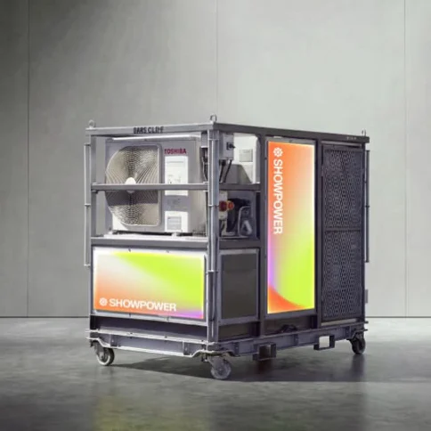 Showpower sustainable battery power unit with open access panel, showing internal energy storage system for live events