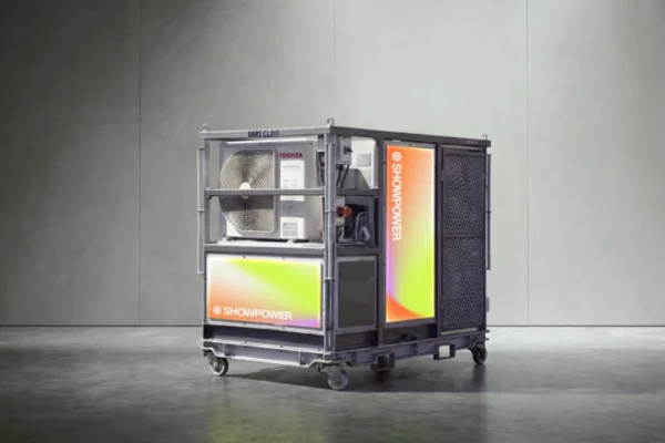 Showpower sustainable battery power unit with open access panel, showing internal energy storage system for live events